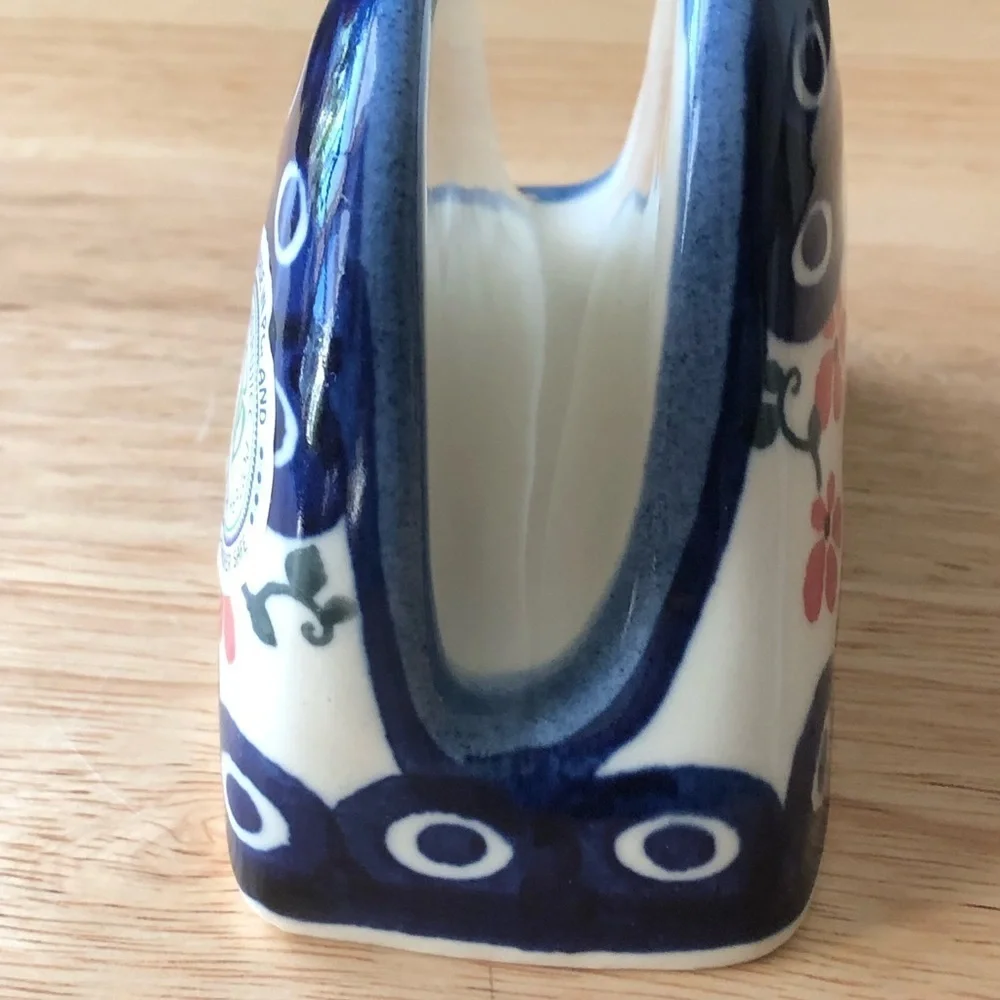Wiza Polish Pottery Napkin Holder Boleslawiec Hand Painted Floral Peacock Eye